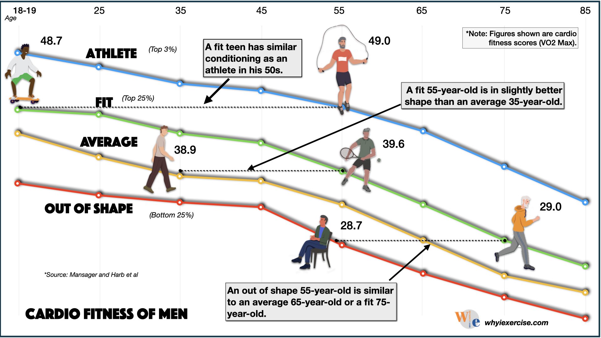 A line graph showing how people of different physical fitness levels